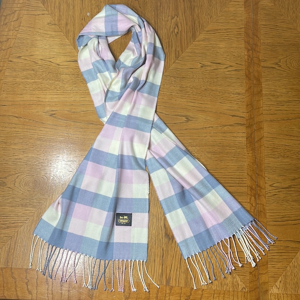 COACH Vintage Check Plaid Wool Cashmere Fringe Scarf